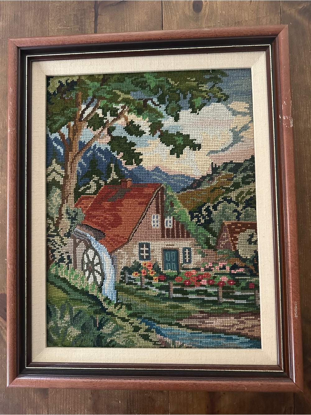 VINTAGE Handcrafted Needlepoint Rustic Waterwheel 16”x 20”
